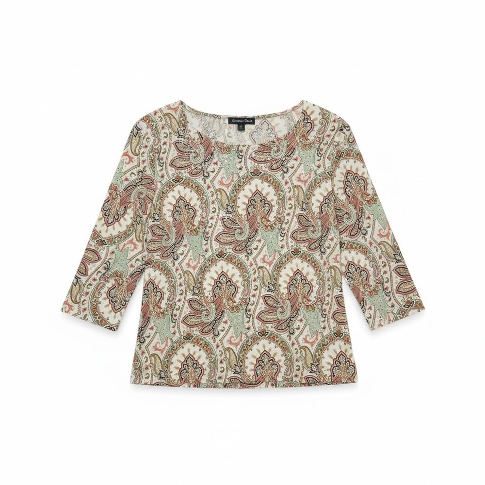 Brittany Black Sage Green Paisley‎ Sequin 3/4 Sleeve Scoop Neck, Women's XL Top